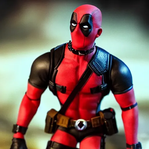 Image similar to wade wilson claymation, deadpool, action scene, explosions, cinematic, volumetric lighting