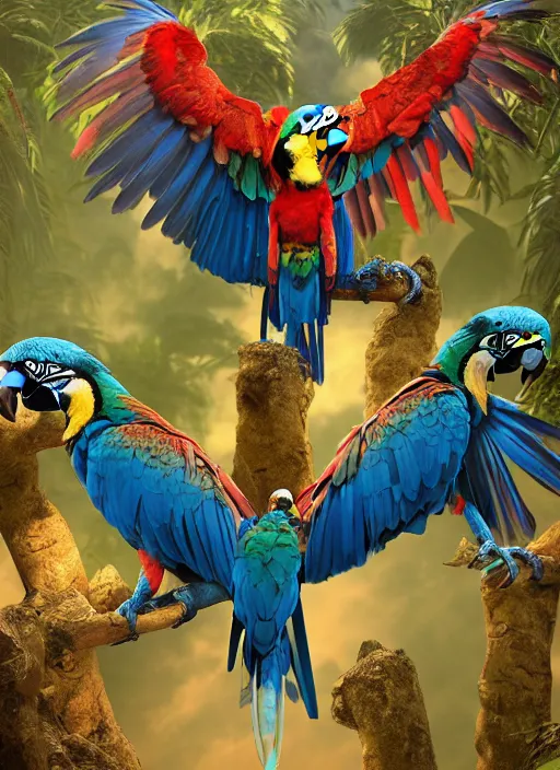 Image similar to An epic fantastic realism comic book style painting of the most beautiful macaw parrots, bouquets, Shamanic Mask, fisheye lens, unreal 5, DAZ, hyperrealistic, octane render, dynamic lighting