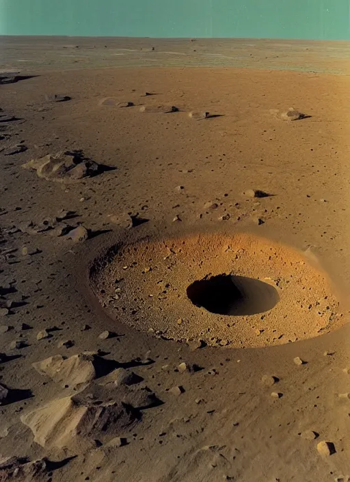 Prompt: a large crater in the middle of a desert, a photo by chesley bonestell, pinterest, superflat, associated press, national geographic