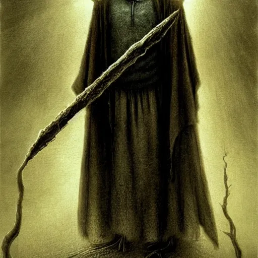 Prompt: Daniel Radcliffe as Harry Potter in style of Beksinski, eldritch priest, mage