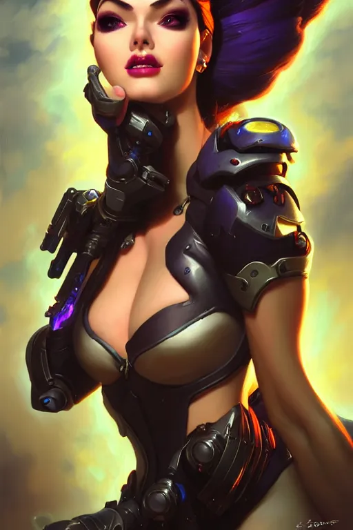 Image similar to epic lovely widowmaker portrait from overwatch, fantasy, fantasy art, character portrait, portrait, close up, highly detailed, scifi art, intricate detail, amazing detail, sharp focus, vintage fantasy art, vintage sci - fi art, radiant light, trending on artstation, caustics, by boris vallejo