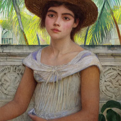 Prompt: a ultradetailed beautiful painting of a girl in the amazonas palace balustrade designed by jules bastien - lepage, tarsila do amaral, frank weston and gustave baumann, beach, trending on artstation, mediterranean, palm trees, hyper detailed face, sharp focus, soft light, 8 k 4 k