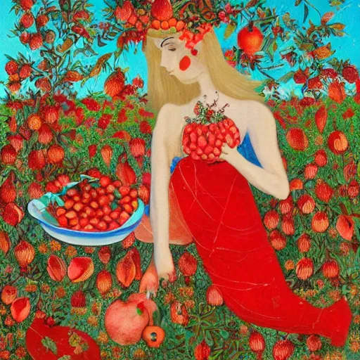 Prompt: Persephone surrounded by pomegranates