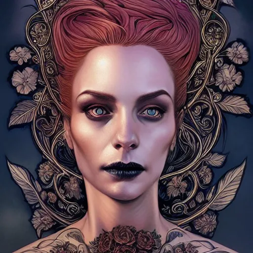 Image similar to a beautiful detailed front view portrait of a corpse woman with ornate growing around morphing, ornamentation, flowers, elegant, beautifully lit, skull, artgerm, joshua middleton comic cover art,