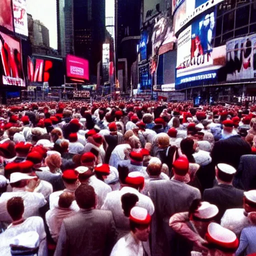 Image similar to still of donald trump clones invading time square, wearing maga hats, in american psycho ( 1 9 9 9 )