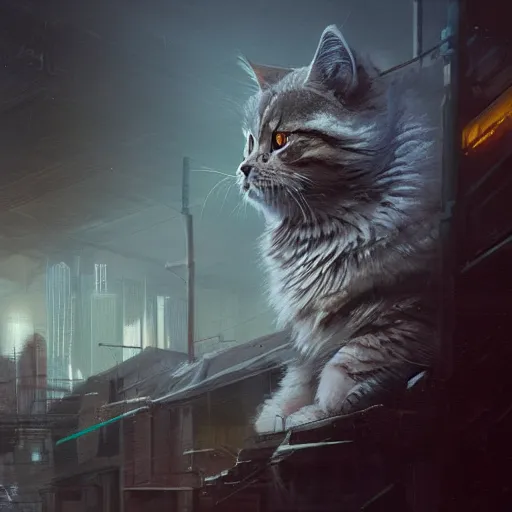 Image similar to concept art, siberian cat, 8 k, cyberpunk, by james gurney, greg rutkowski, john howe, artstation