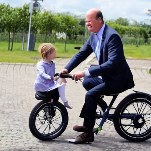 Image similar to chancellor of germany olaf scholz riding a tiny childrens bycicle