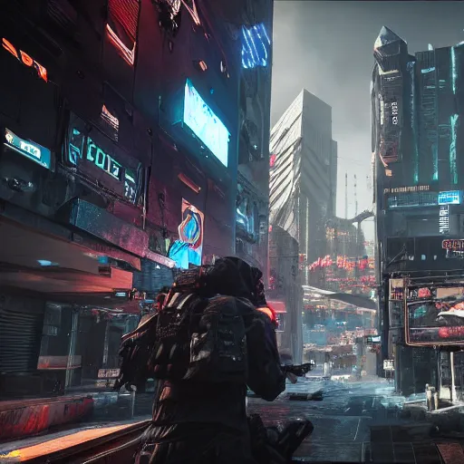 Prompt: futuristic call of duty game set in a cyberpunk city, ps 5, 8 k