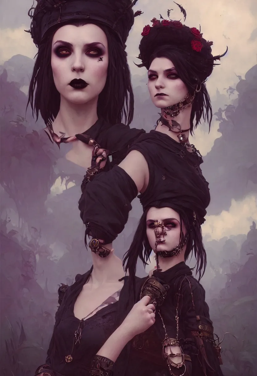 Image similar to beautiful portrait, goth girl, piercings collar, mohawk hairstyle, medieval dress. witch, makeup. unreal engine, greg rutkowski, loish, rhads, beeple, tom bagshaw, alphonse mucha, global illumination, detailed and intricate environment