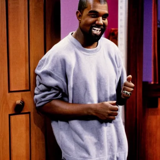 Image similar to Kanye West smiling and giving a thumbs up for a 1990s sitcom tv show, Studio Photograph, portrait C 12.0