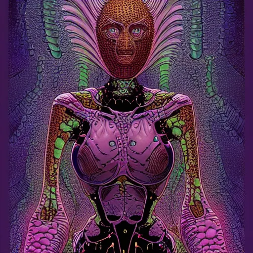 Image similar to sleek highly evolved biomechanical nubile borg queen hybrid dotted with small fractal lichens being possessed by the machine spirit, artists mœbius and philippe caza with beryl cook and jack kirby, high contrast cinematic light, mystical shadows, sharp focus, octane render