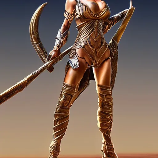 Prompt: a female warrior in the style of Taarna, desert setting, beautiful figure