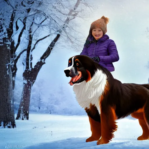 Image similar to girl riding giant Bernese Mountain Dog in the snow, trending on artstation