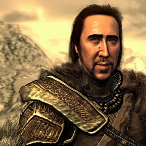 Image similar to Nicholas Cage as a Skyrim character, very detailed, Playstation 1 graphics, whole body, 4k