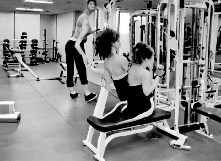 Prompt: Photos from the 80's. A woman is working out in the gym.