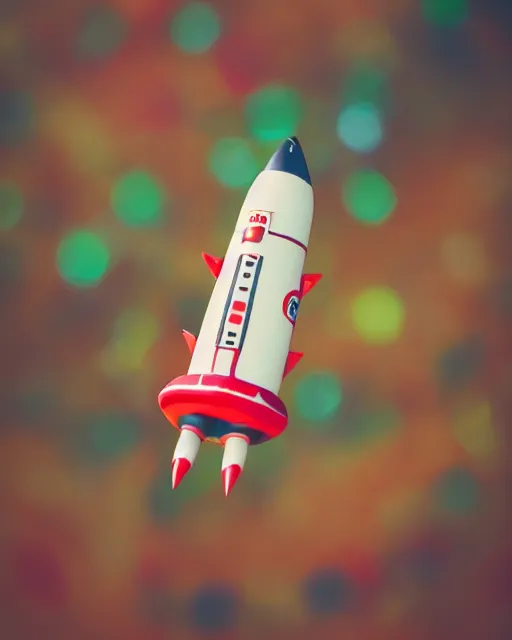 Image similar to high quality presentation photo of a detailed retro tin toy rocket ship, photography 4k, f1.8 anamorphic, bokeh, 4k, Canon, Nikon