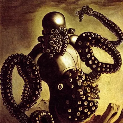 Prompt: cybernetic overlord octopus overseeing human techno slaves, by caravaggio