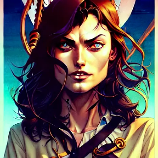 Image similar to artgerm, joshua middleton comic cover art, pretty pirate phoebe tonkin smiling, full body, symmetrical eyes, symmetrical face, long curly black hair, on a pirate ship background, warm colors