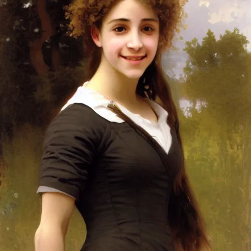 Prompt: painting of claudia vega from eva 2 0 1 1 as hermione granger. smiling. happy. cheerful. art by william adolphe bouguereau. extremely detailed. beautiful. 8 k. award winning.