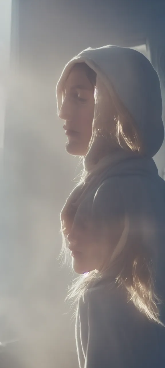 Image similar to very very beautiful photograph of emily skinner looking like annie leonhart in a hoodie standing next to a window god rays shining on her from the sunlight, sharp focus, volumetric fog, smoke, depth of field, beautiful composition, very very very beautifull face, on artstation and instagram, ray tracing