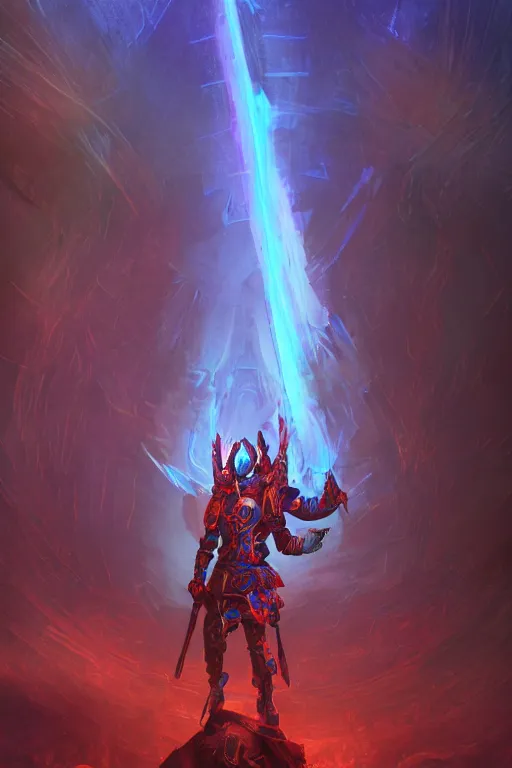 Prompt: warrior in glowing azure plate armor standing in doorway to hell which is sliced by a iridescent glass cracks shattering the sky , centered, crimson clouds, besinski style , 6 billion demons style, background art deco palace, photorealism, 8k, artstation trending, Ray Tracing, octane renderer, high detail, vollumetric lighting
