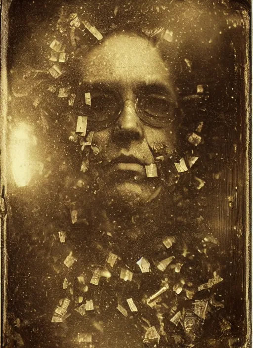 Image similar to old wetplate daguerreotype portrait explosion of data fragments, fractal, intricate, elegant, highly detailed, parallax, leica, medium format, subsurface scattering, by jheronimus bosch and greg rutkowski and louis jacques mande daguerre