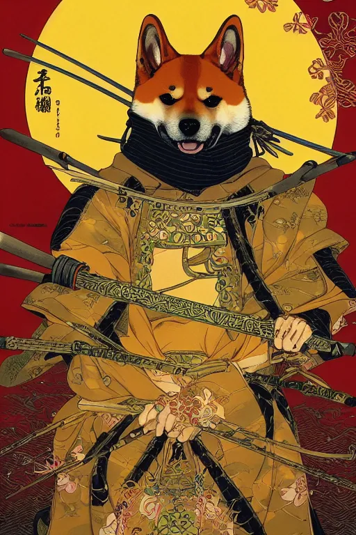 Image similar to poster of a shiba inu as a samurai, by yoichi hatakenaka, masamune shirow, josan gonzales and dan mumford, ayami kojima, takato yamamoto, barclay shaw, karol bak, yukito kishiro