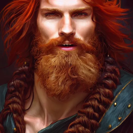 Image similar to portrait of a young ruggedly handsome but joyful pirate, male, masculine, upper body, red hair, long hair, d & d, fantasy, intricate, elegant, highly detailed, digital painting, artstation, concept art, matte, sharp focus, illustration, art by artgerm and greg rutkowski and alphonse mucha