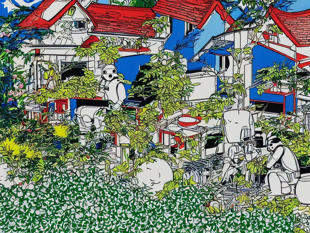 Image similar to detailed close - up image of the japanese home with a garden and a pond, 2 stormtroopers sitting around it, pop - art style, jacky tsai style, andy warhol style, roy lichtenstein style, rich palette, acrylic on canvas