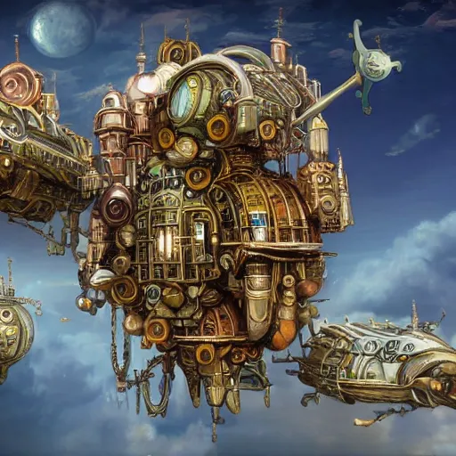 Image similar to flying city in a mechanical flower, flying city, detailed, sky, fantasy art, steampunk, masterpiece