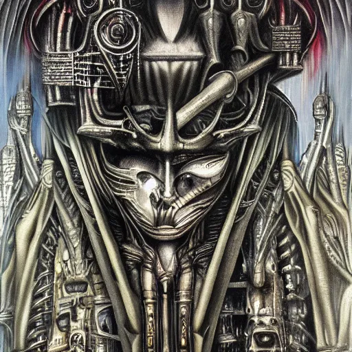 Image similar to battle between gods of all religions, airbrush painting by hr giger, illustration, intricate detail, award winning work,