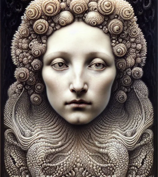 Image similar to detailed realistic beautiful ivory goddess face portrait by jean delville, gustave dore, iris van herpen and marco mazzoni, art forms of nature by ernst haeckel, art nouveau, symbolist, visionary, gothic, neo - gothic, pre - raphaelite, fractal lace, intricate alien botanicals, biodiversity, surreality, hyperdetailed ultrasharp octane render