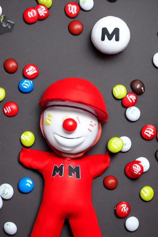 Image similar to a single red m & m candy with white arms and legs, a red sphere wearing a white baseball cap, eminem as a m & m candy standing on a floor covered with m & m candies, m & m candy dispenser, m & m plush!!!, unreal engine, studio lighting, unreal engine, volumetric lighting, artstation, professional food photography