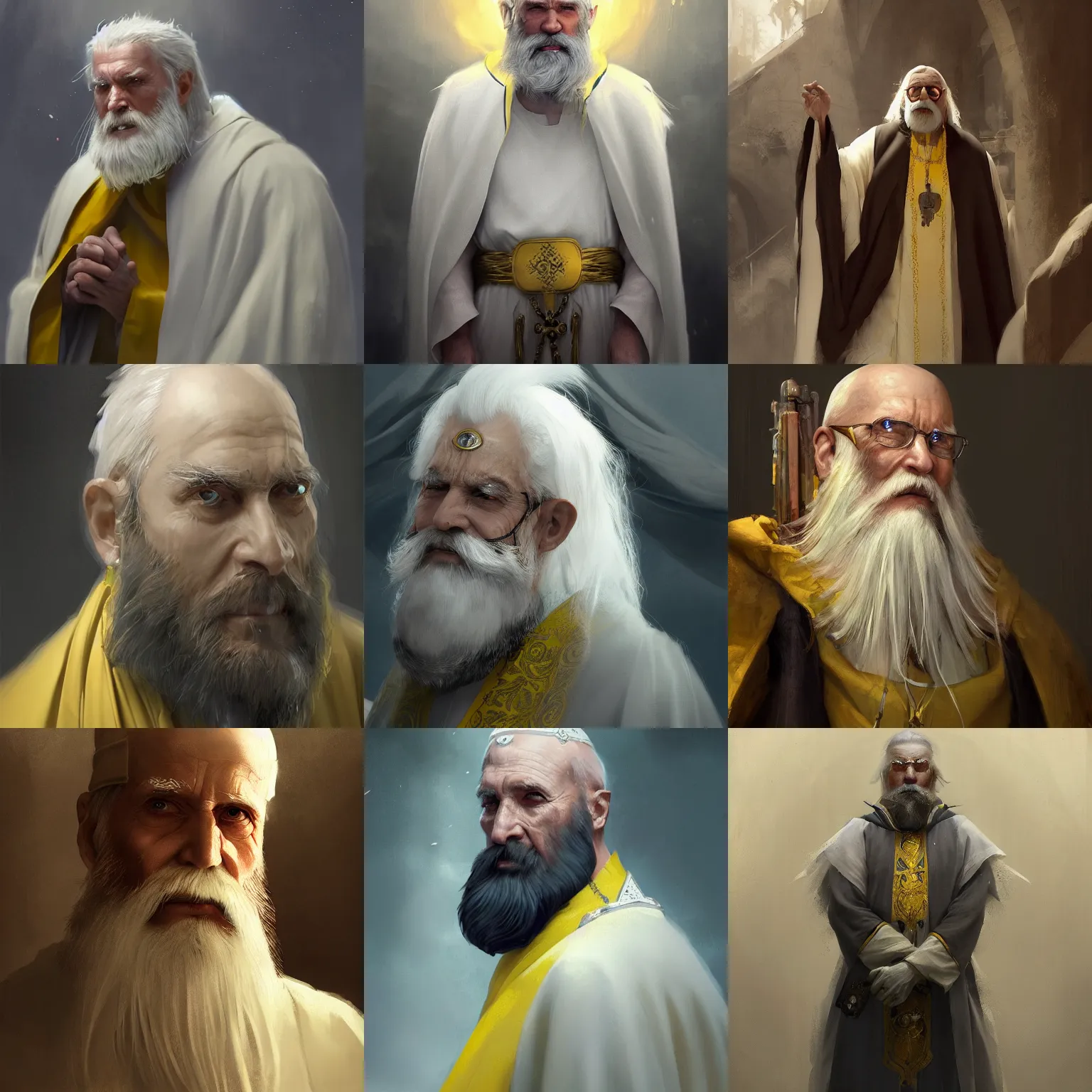 Image similar to 8k an elderly imperial priest with white and yellow vestments a long white beard and a worried and somewhat paranoid expression, by Raymond Swanland Greg Rutkowski Lise Deharm, intricate, masterpiece, sharp, digital art, ArtStation, CGStation, 4k