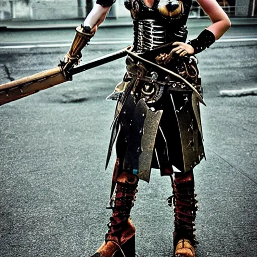 Image similar to photo of a female clockpunk warrior