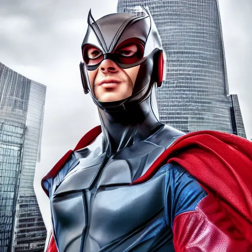 Image similar to portrait of a futuristic superhero, London behind him, hd, 4k realistic, award winning photo