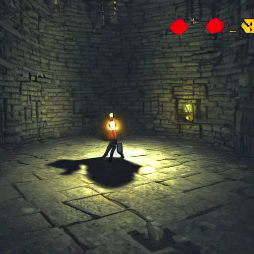 Image similar to a man holds a torch and explores a Dungeon, luminous,Screenshot from a videogame