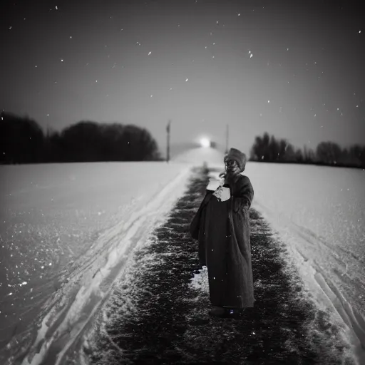 Prompt: analog photograph of an old lady on the snow at night, shadow, farm, creepy, cinematic, 8 k