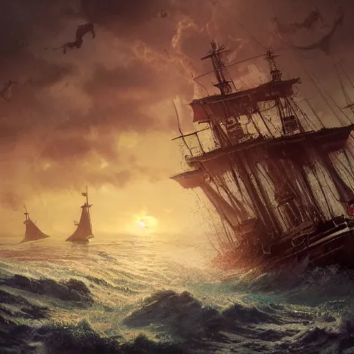 Prompt: cinematic shot pirate ship sinking after being attacked by the kraken rain waves sunset digital painting, artstation, concept art, soft light, hdri, smooth, sharp focus, illustration, fantasy, intricate, elegant, highly detailed, D&D, matte painting, in the style of Greg Rutkowski and Alphonse Mucha and artemisia, 8k, highly detailed, jurgens, rutkowski, bouguereau, pastoral, rustic, georgic