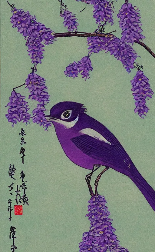Prompt: by akio watanabe, manga art, a cuckoo bird on a branch of wisteria, half moon in the sky, trading card front