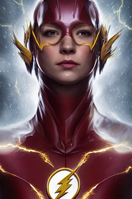 Image similar to Majestic and regal portrait of a female The Flash, DC universe, Perfect face, beautiful, intricate, epic, elegant, menacing, fantasy, highly detailed, digital painting, hard focus, beautiful volumetric lighting, epic light, ultra detailed, by Leesha Hannigan, Ross Tran, Thierry Doizon, Kai Carpenter, Ignacio Fernández Ríos