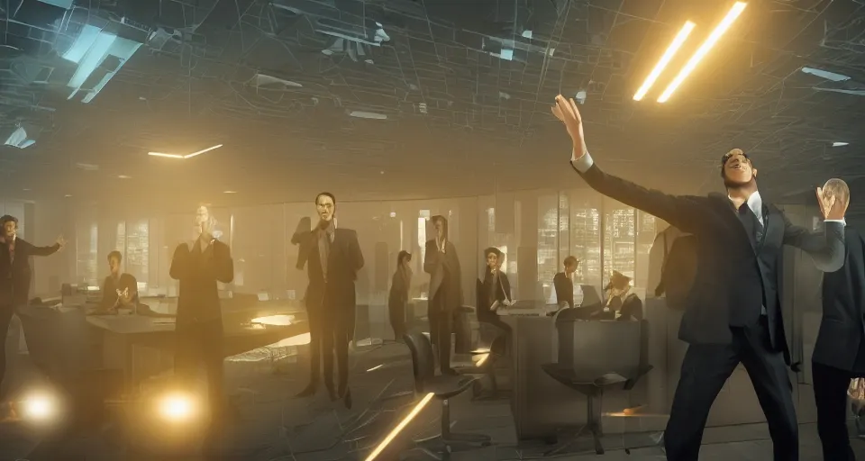 Image similar to Dramatic photo of a CEO, with his back towards the camera, waving to a large group of his coworkers in the background inside a futuristic office. Golden coins are levitating all around them. 8k, high detail, trending on Artstation, volumetric lighting, cyberpunk