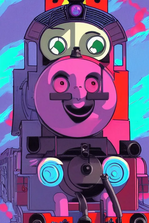 Image similar to concept art painting of a demonic thomas the tank engine, artgerm, moebius, inio asano, toon shading, cel shading, calm, tranquil, vaporwave colors,