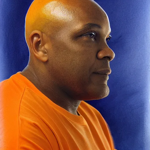 Prompt: a bald middle aged black man in an orange gym shirt, high quality portrait