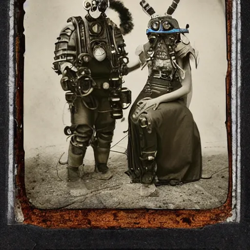 Image similar to tintype photographs of techno shamans, telepaths, dieselpunk cyborgs, masked heroes, irradiated humans, ancient ones, mystic monsters, and monster hunters