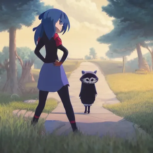 Image similar to a wholesome animation key shot of a dark blue haired girl with a raccoon tail, medium shot, studio ghibli, pixar and disney animation, sharp, rendered in unreal engine 5, anime key art by greg rutkowski, bloom, dramatic lighting