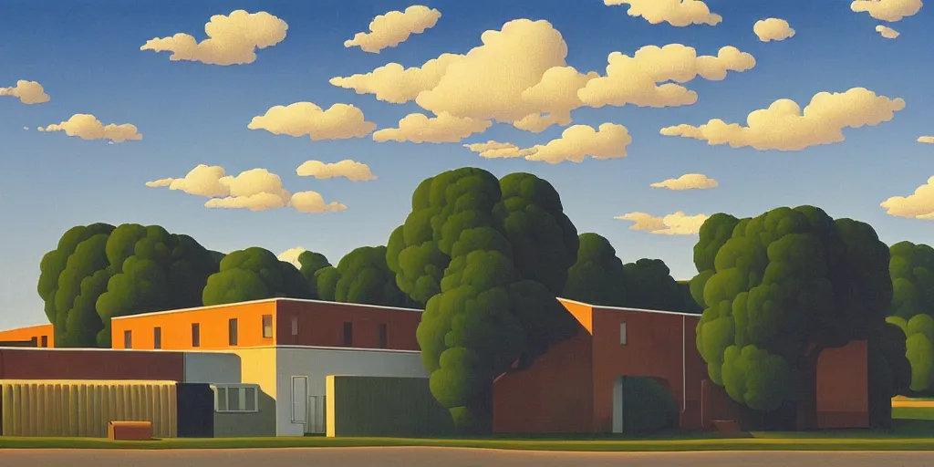 Prompt: factory, blue sky, summer evening, kenton nelson