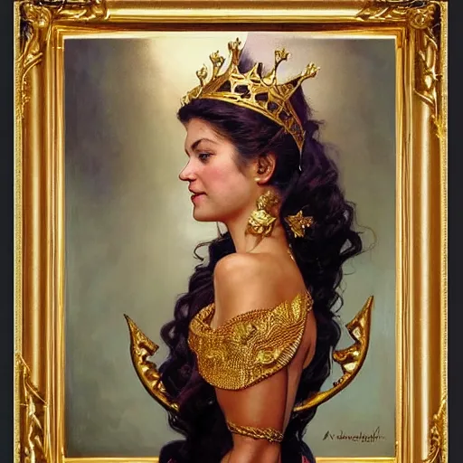 Prompt: side portrait of a queen with a golden crown, royalty, surrounded by gold leaves by Stanley Artgerm Lau , greg rutkowski, thomas kindkade, alphonse mucha, loish, norman rockwell, J. C. Leyendecker. dark brown hair, mouth slightly open, framed with gold trim. D&D, fantasy. Trending on artstation rule of thirds extremely detailed render, extremely realistic, detailed lighting, octane hd 4k