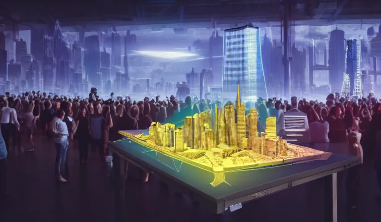 Prompt: crowd of people in humble warehouse, looking at hologram of futuristic city on a table, cinematic concept art, godrays, golden hour, natural sunlight, 4 k, clear details, tabletop model buildings, center model buildings, hologram center, crane shot, crane shot, crane shot
