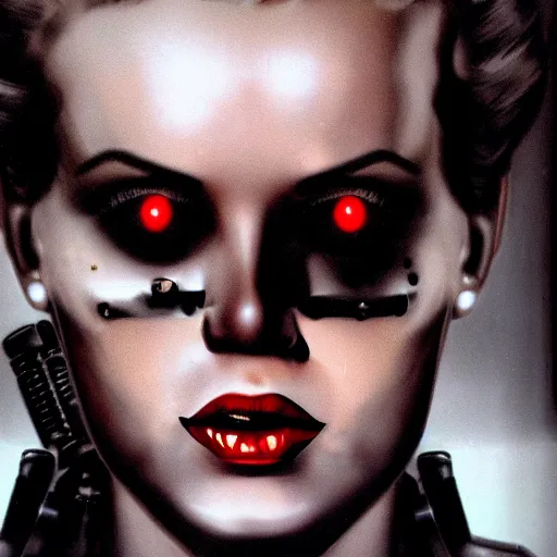 Image similar to close - up portrait photo of a t - 8 0 0 terminator with half of its face looking like marilyn monroe and half like a robot